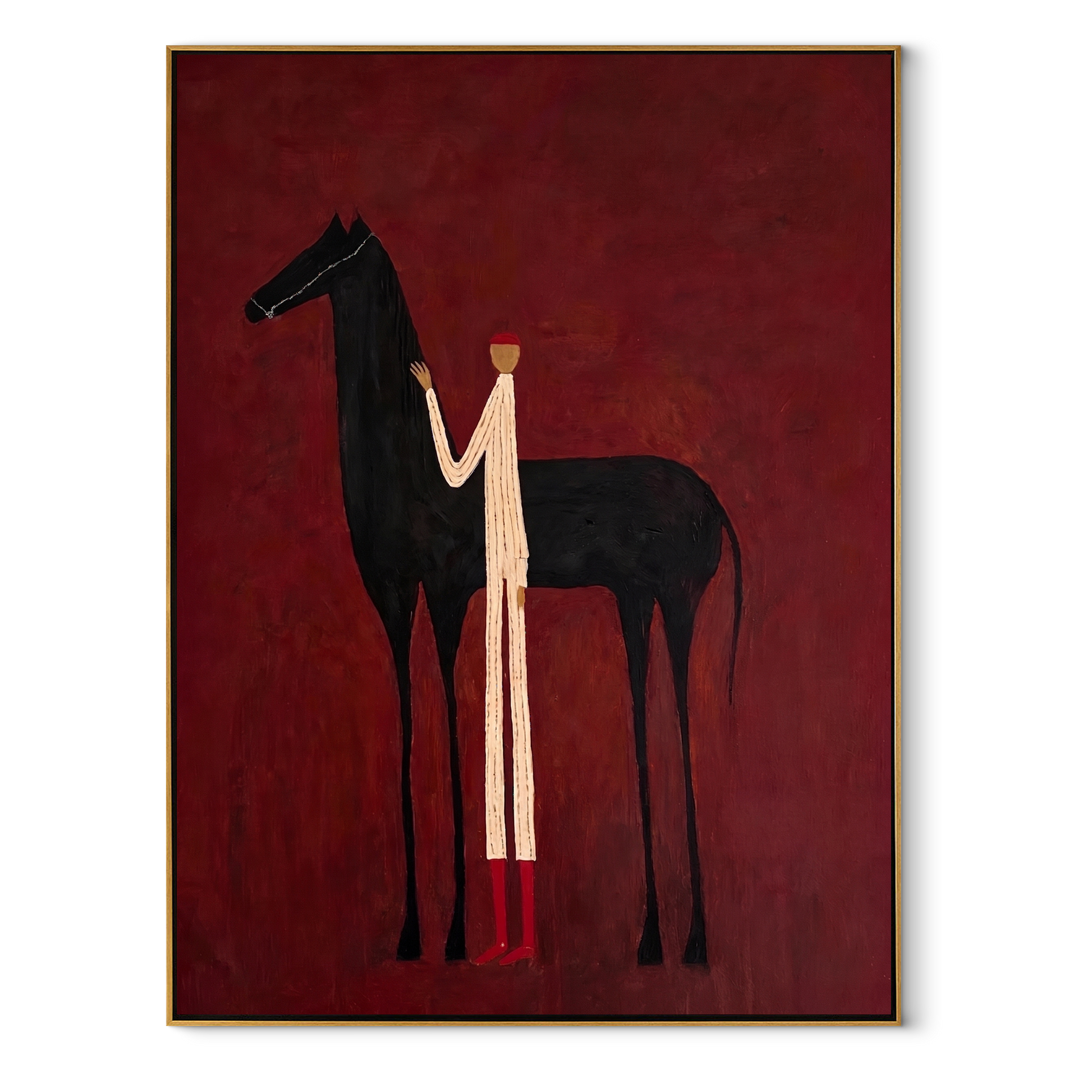 Sage Horizon Hold the Horizon - figure and horse painting by Isabelle Laurent, modern Western vertical wall art – wood frame on white background