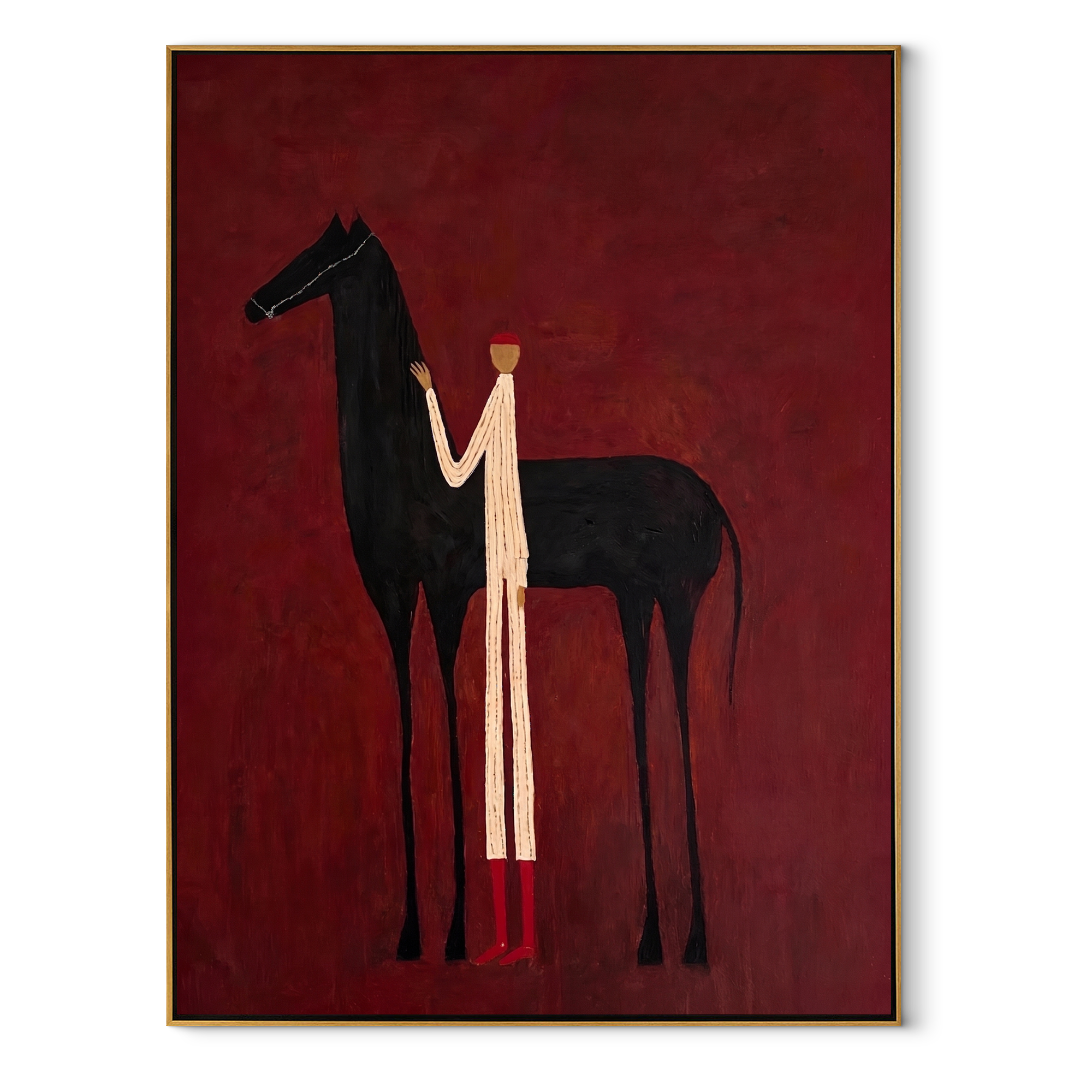 Sage Horizon Hold the Horizon - figure and horse painting by Isabelle Laurent, modern Western vertical wall art – wood frame on white background