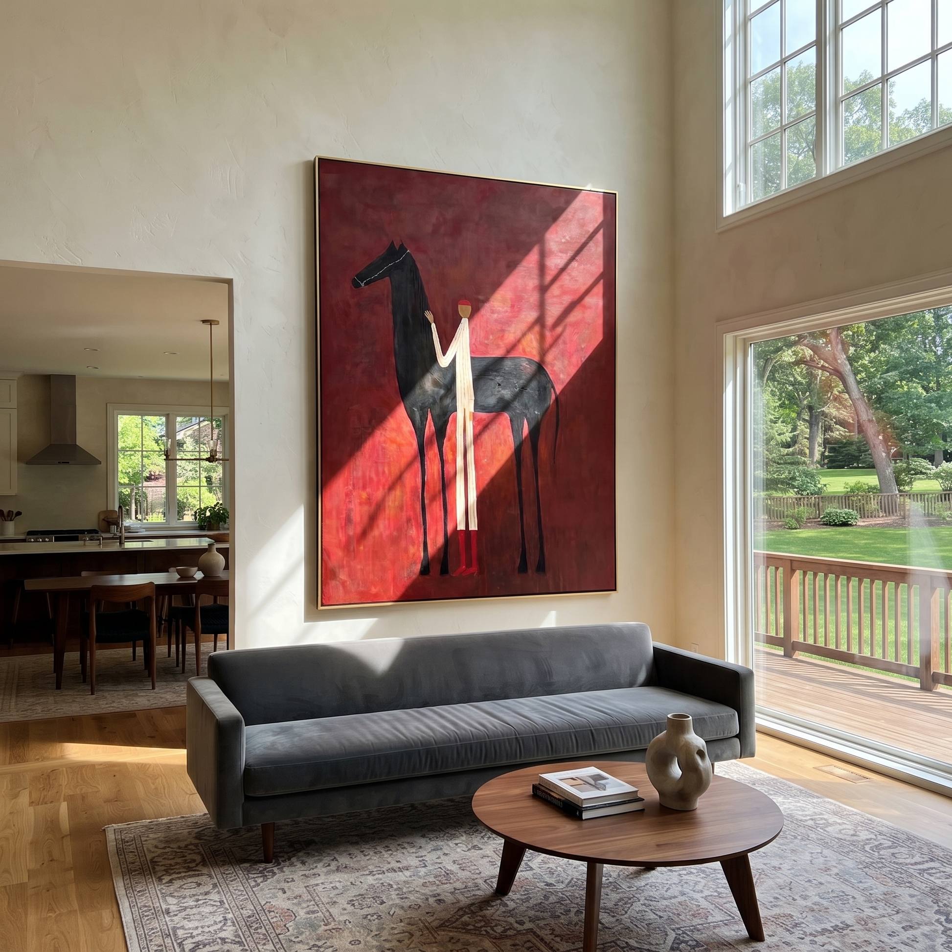 Sage Horizon Hold the Horizon - figure and horse painting by Isabelle Laurent, modern Western vertical wall art – styled room scene view 2