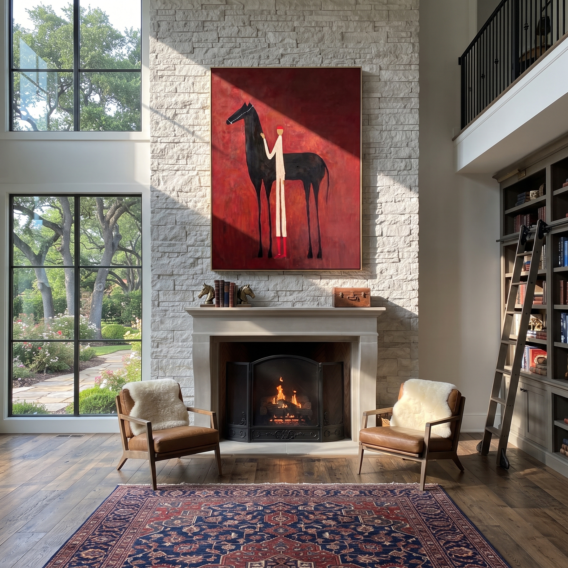 Sage Horizon Hold the Horizon - figure and horse painting by Isabelle Laurent, modern Western vertical wall art – styled room scene view 3