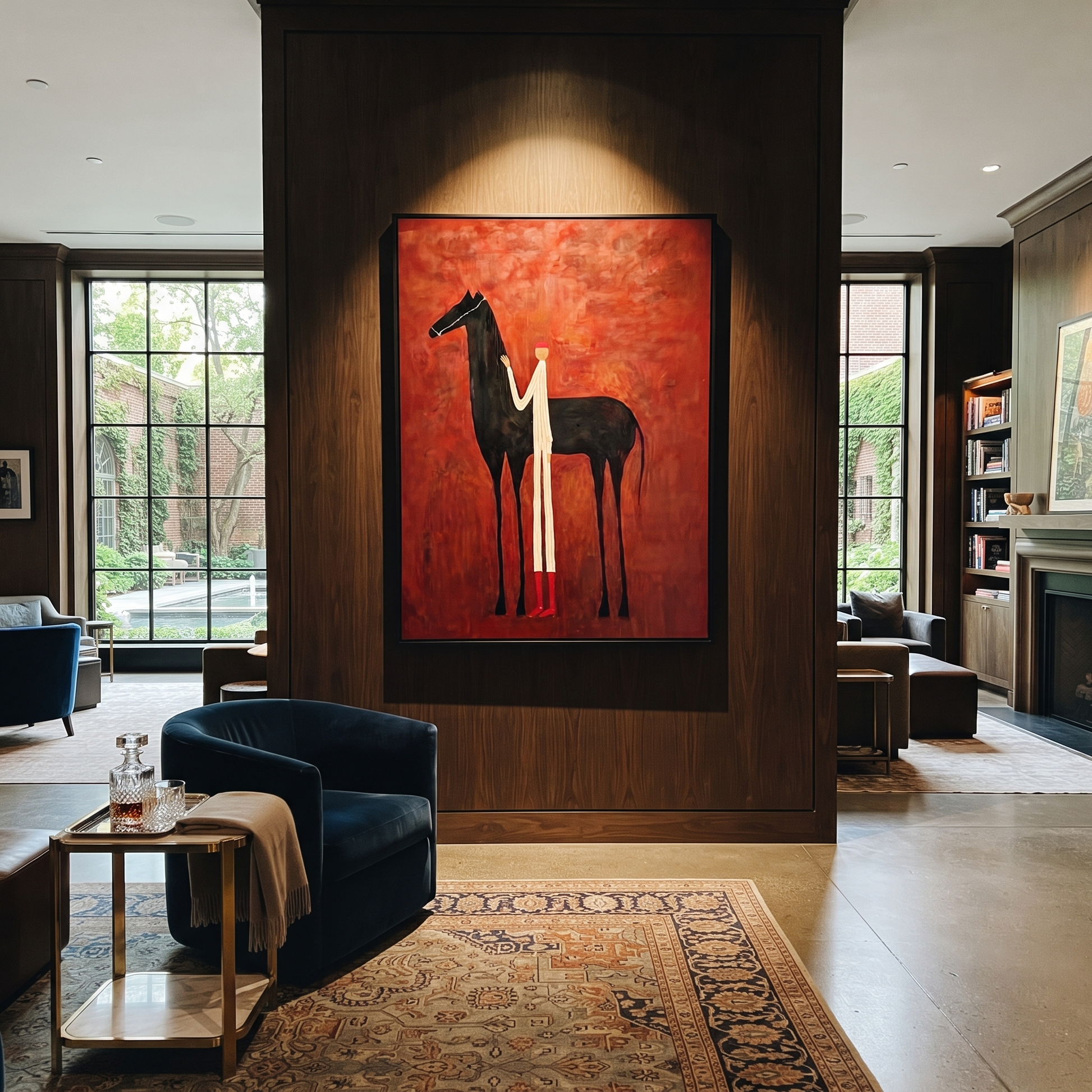Sage Horizon Hold the Horizon - figure and horse painting by Isabelle Laurent, modern Western vertical wall art – styled room scene view 4
