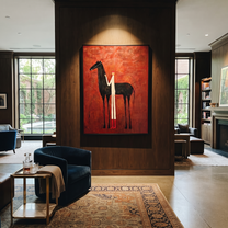 Sage Horizon Hold the Horizon - figure and horse painting by Isabelle Laurent, modern Western vertical wall art – styled room scene view 4