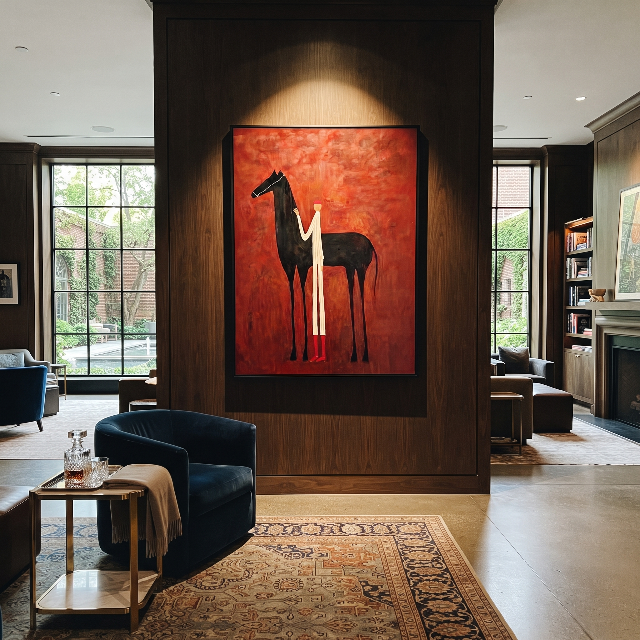 Sage Horizon Hold the Horizon - figure and horse painting by Isabelle Laurent, modern Western vertical wall art – styled room scene view 4