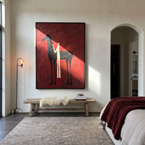 Sage Horizon Hold the Horizon - figure and horse painting by Isabelle Laurent, modern Western vertical wall art – styled room scene view 5