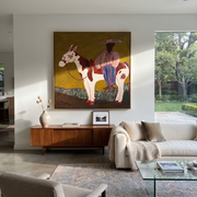 Amber Trail Hold the Horizon - horse and rider painting by Isabelle Laurent, modern Western square wall art – styled room scene view 1