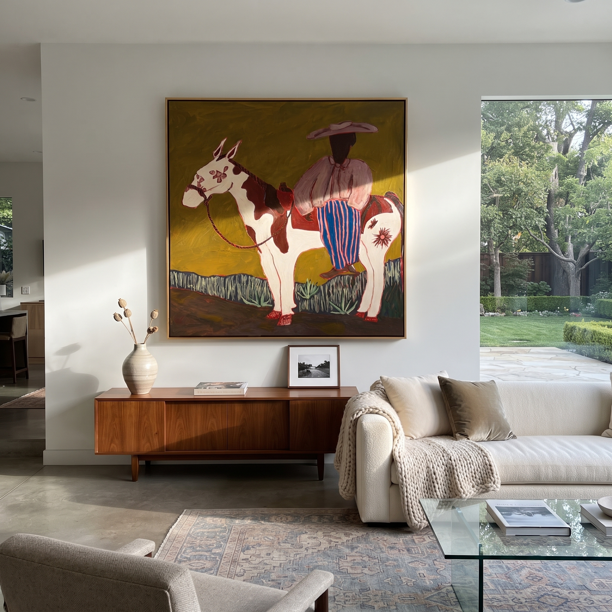 Amber Trail Hold the Horizon - horse and rider painting by Isabelle Laurent, modern Western square wall art – styled room scene view 1