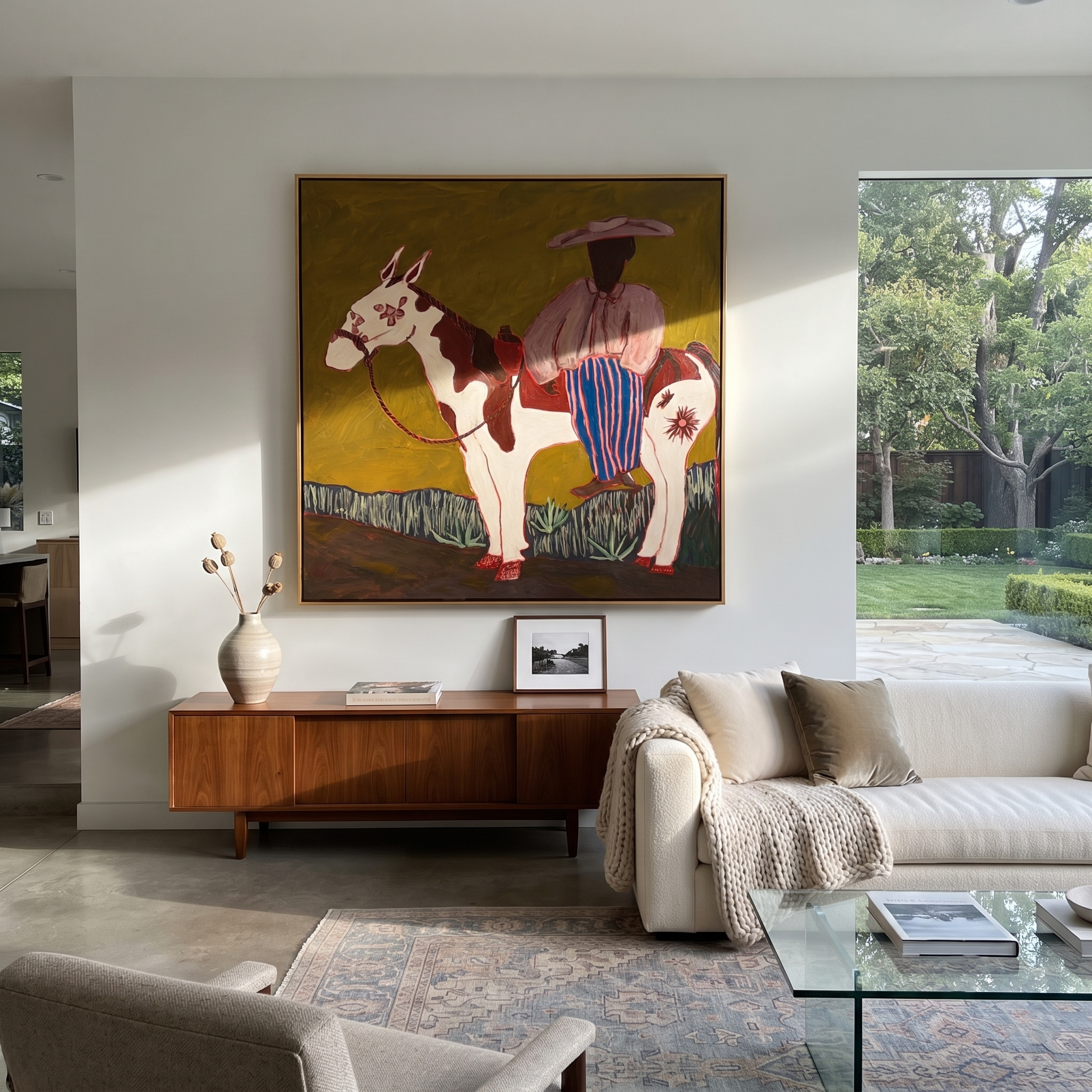 Amber Trail Hold the Horizon - horse and rider painting by Isabelle Laurent, modern Western square wall art – styled room scene view 1