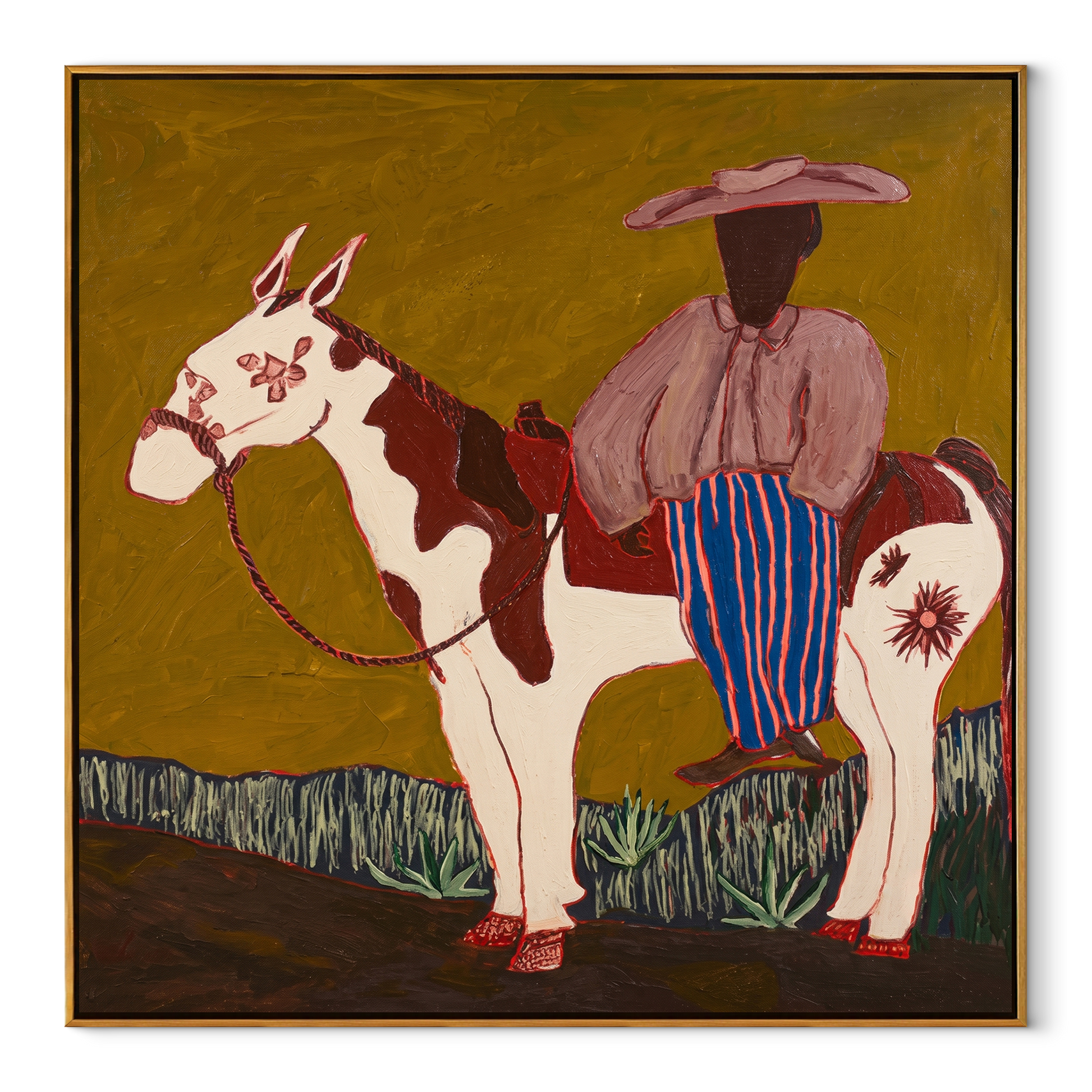 Amber Trail Hold the Horizon - horse and rider painting by Isabelle Laurent, modern Western square wall art – wood frame on white background