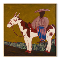 Amber Trail Hold the Horizon - horse and rider painting by Isabelle Laurent, modern Western square wall art – wood frame on white background
