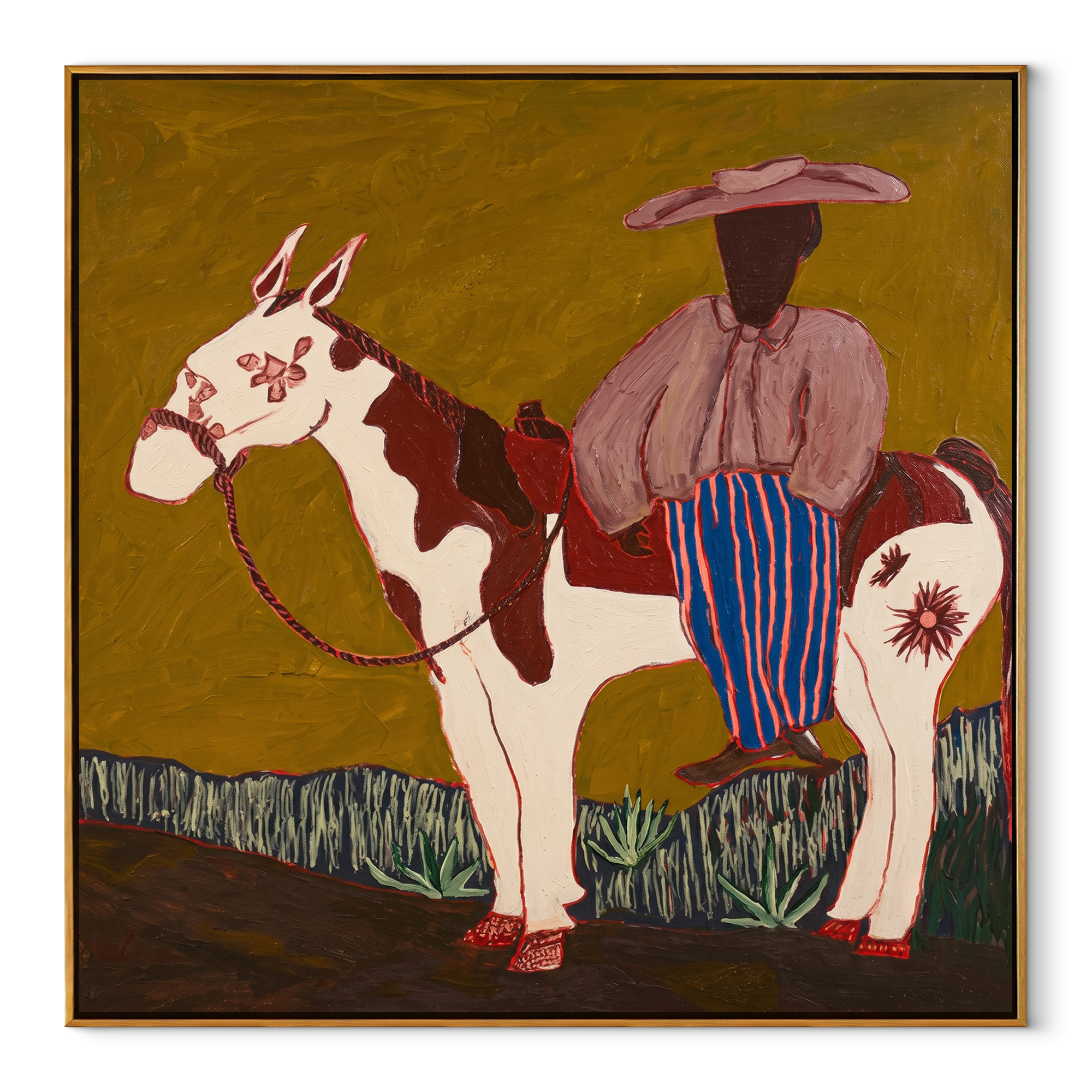 Amber Trail Hold the Horizon - horse and rider painting by Isabelle Laurent, modern Western square wall art – wood frame on white background