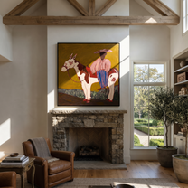 Amber Trail Hold the Horizon - horse and rider painting by Isabelle Laurent, modern Western square wall art – styled room scene view 2