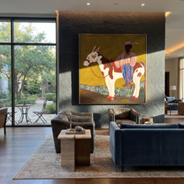 Amber Trail Hold the Horizon - horse and rider painting by Isabelle Laurent, modern Western square wall art – styled room scene view 3