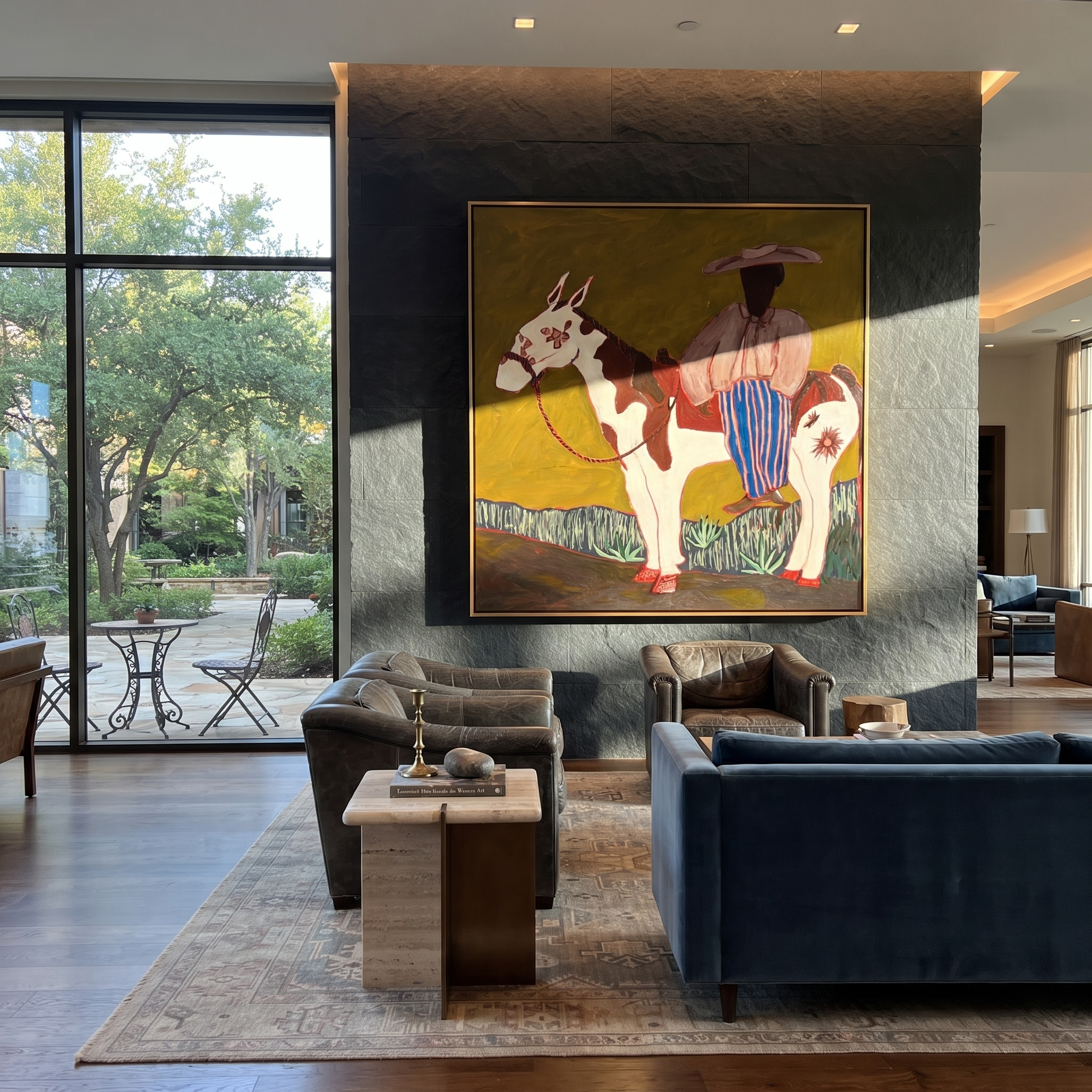 Amber Trail Hold the Horizon - horse and rider painting by Isabelle Laurent, modern Western square wall art – styled room scene view 3