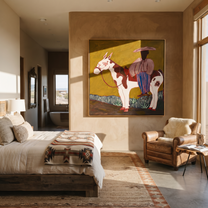 Amber Trail Hold the Horizon - horse and rider painting by Isabelle Laurent, modern Western square wall art – styled room scene view 4