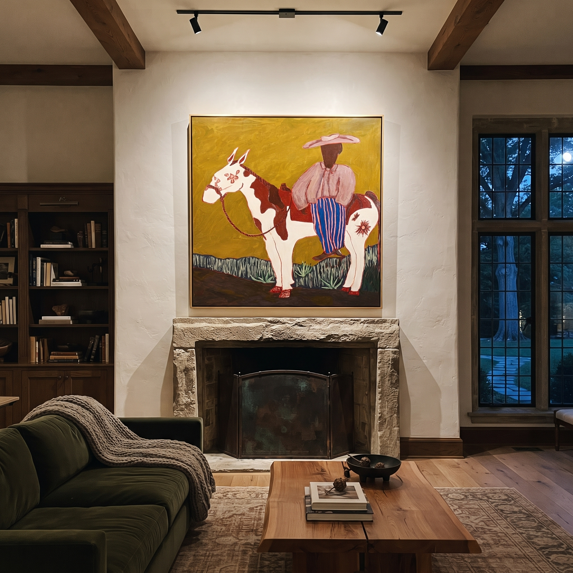 Amber Trail Hold the Horizon - horse and rider painting by Isabelle Laurent, modern Western square wall art – styled room scene view 5