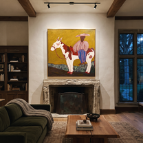 Amber Trail Hold the Horizon - horse and rider painting by Isabelle Laurent, modern Western square wall art – styled room scene view 5