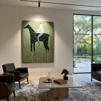 Still Hooves Cross the Quiet Field - horse and rider painting by Isabelle Laurent, modern Western vertical wall art – styled room scene view 1