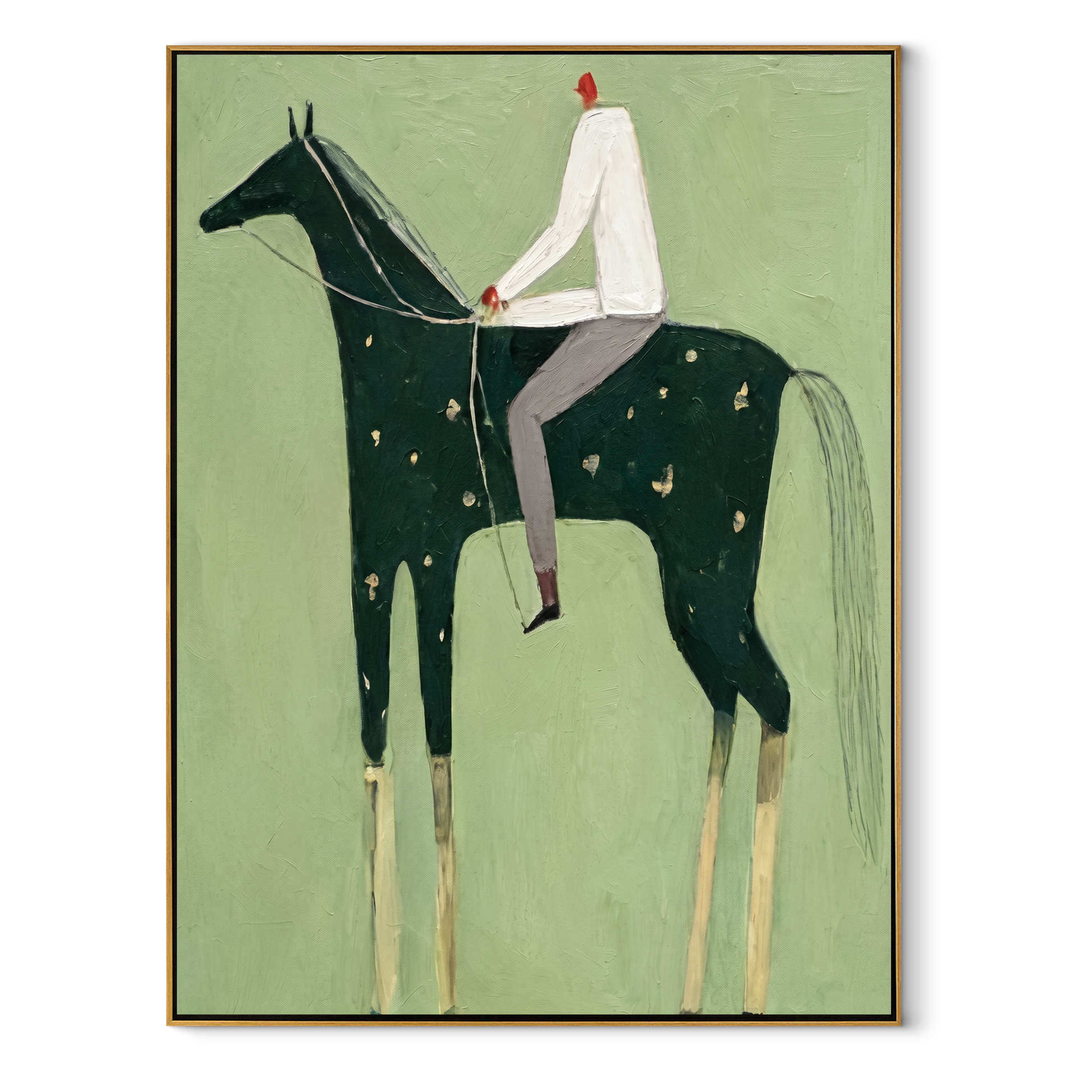 Still Hooves Cross the Quiet Field - horse and rider painting by Isabelle Laurent, modern Western vertical wall art – wood frame on white background