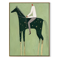 Still Hooves Cross the Quiet Field - horse and rider painting by Isabelle Laurent, modern Western vertical wall art – wood frame on white background