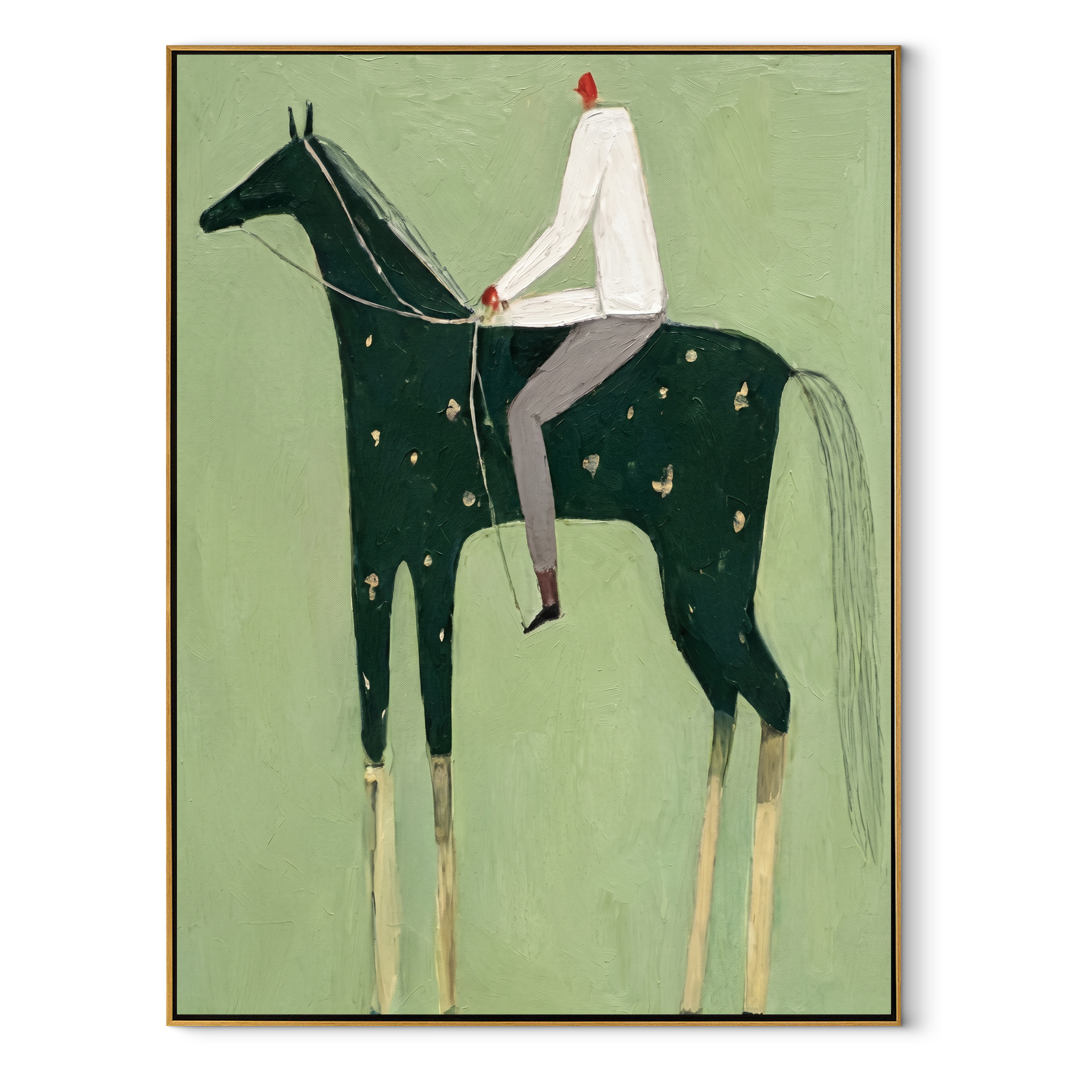 Still Hooves Cross the Quiet Field - horse and rider painting by Isabelle Laurent, modern Western vertical wall art – wood frame on white background