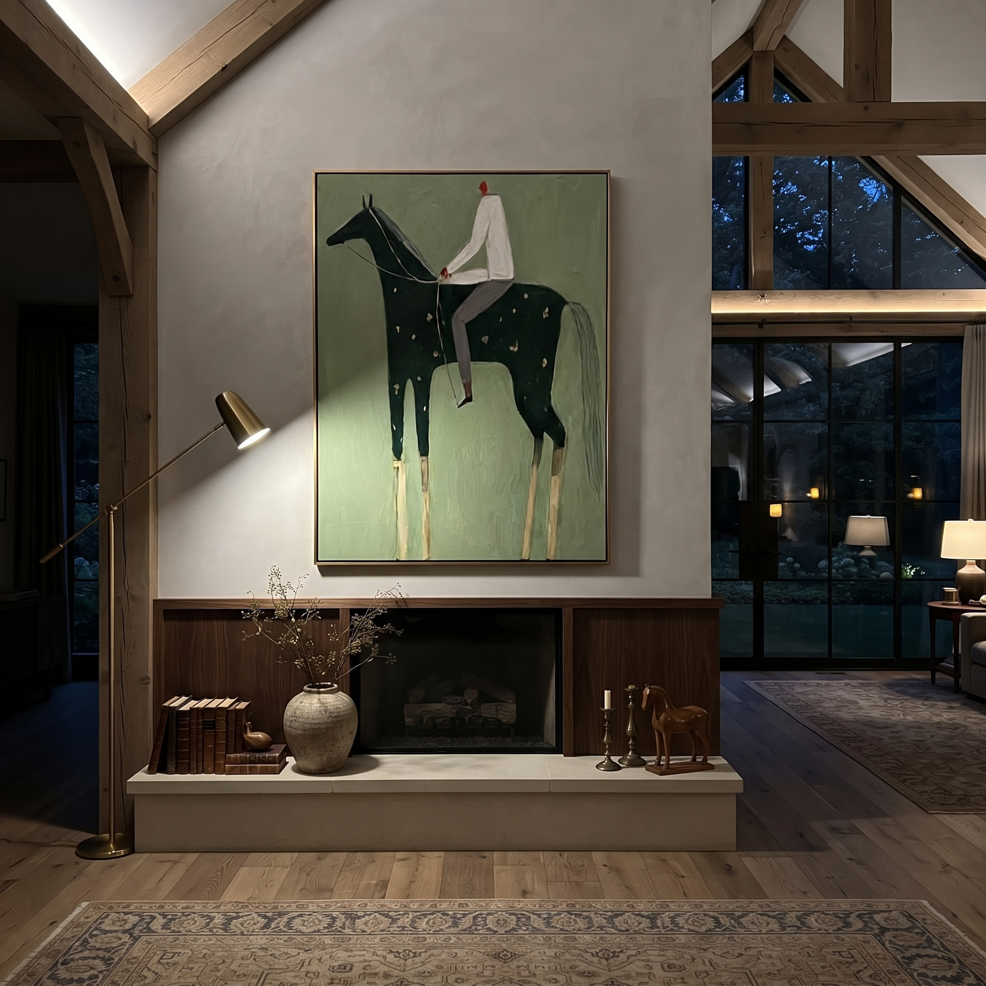 Still Hooves Cross the Quiet Field - horse and rider painting by Isabelle Laurent, modern Western vertical wall art – styled room scene view 2