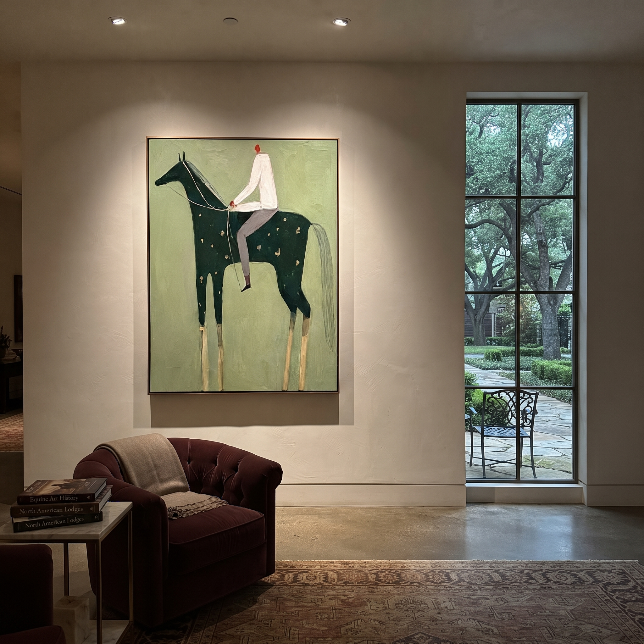 Still Hooves Cross the Quiet Field - horse and rider painting by Isabelle Laurent, modern Western vertical wall art – styled room scene view 3