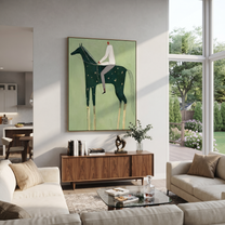 Still Hooves Cross the Quiet Field - horse and rider painting by Isabelle Laurent, modern Western vertical wall art – styled room scene view 4