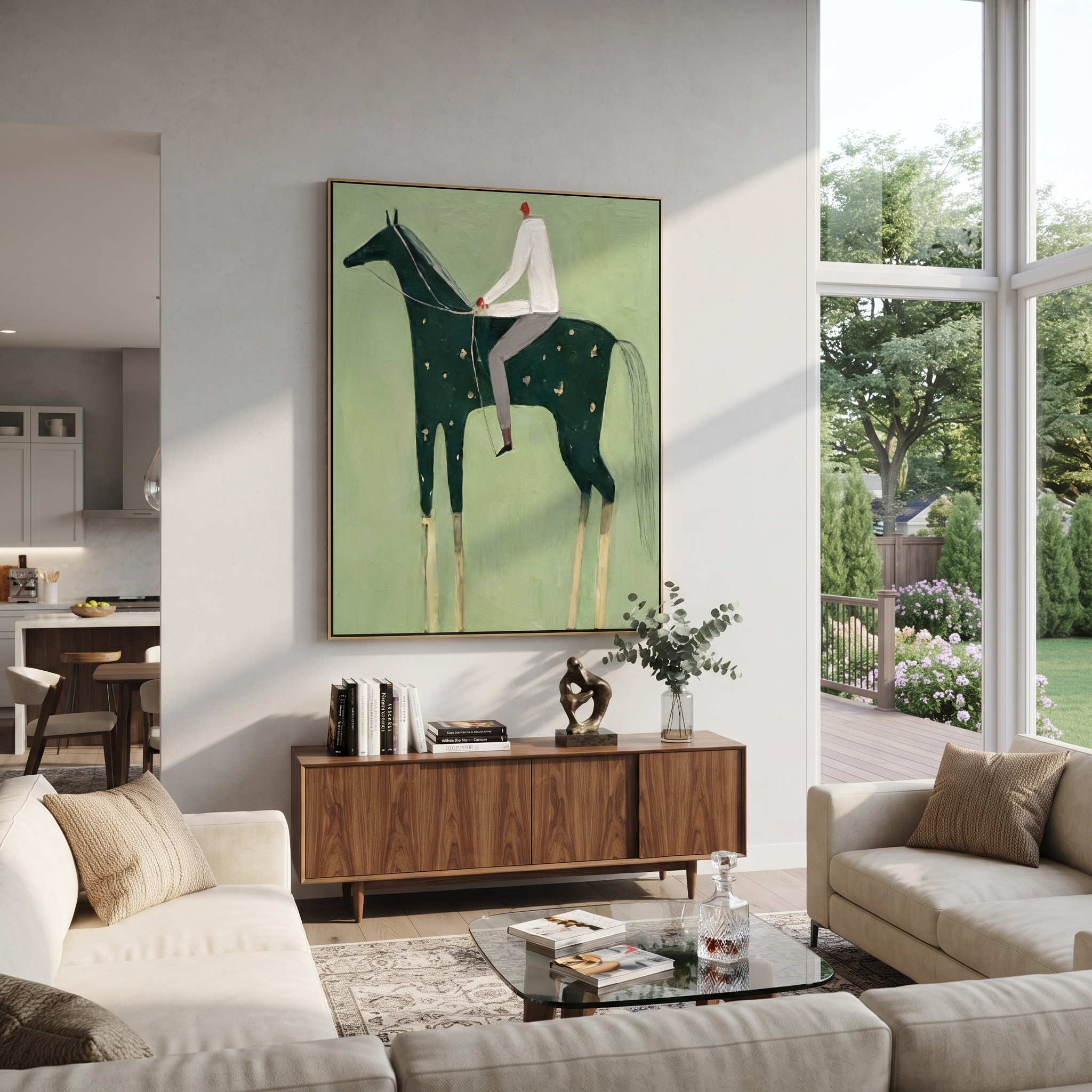 Still Hooves Cross the Quiet Field - horse and rider painting by Isabelle Laurent, modern Western vertical wall art – styled room scene view 4