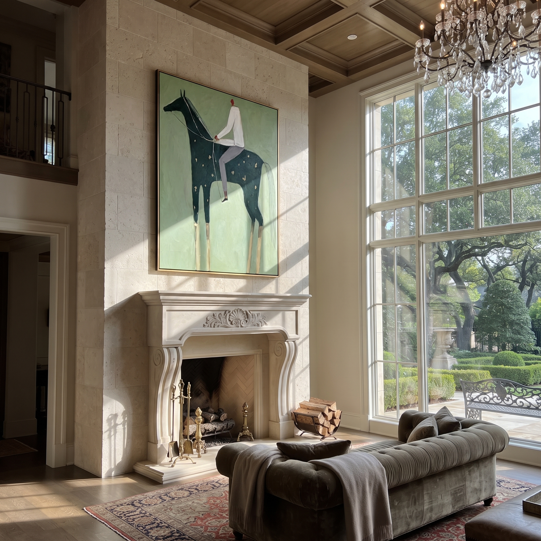 Still Hooves Cross the Quiet Field - horse and rider painting by Isabelle Laurent, modern Western vertical wall art – styled room scene view 5