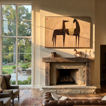 Midnight Rider Cross the Quiet Field - two horse painting by Isabelle Laurent, modern Western horizontal wall art – styled room scene view 1