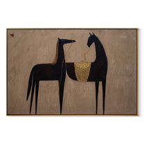 Midnight Rider Cross the Quiet Field - two horse painting by Isabelle Laurent, modern Western horizontal wall art – wood frame on white background