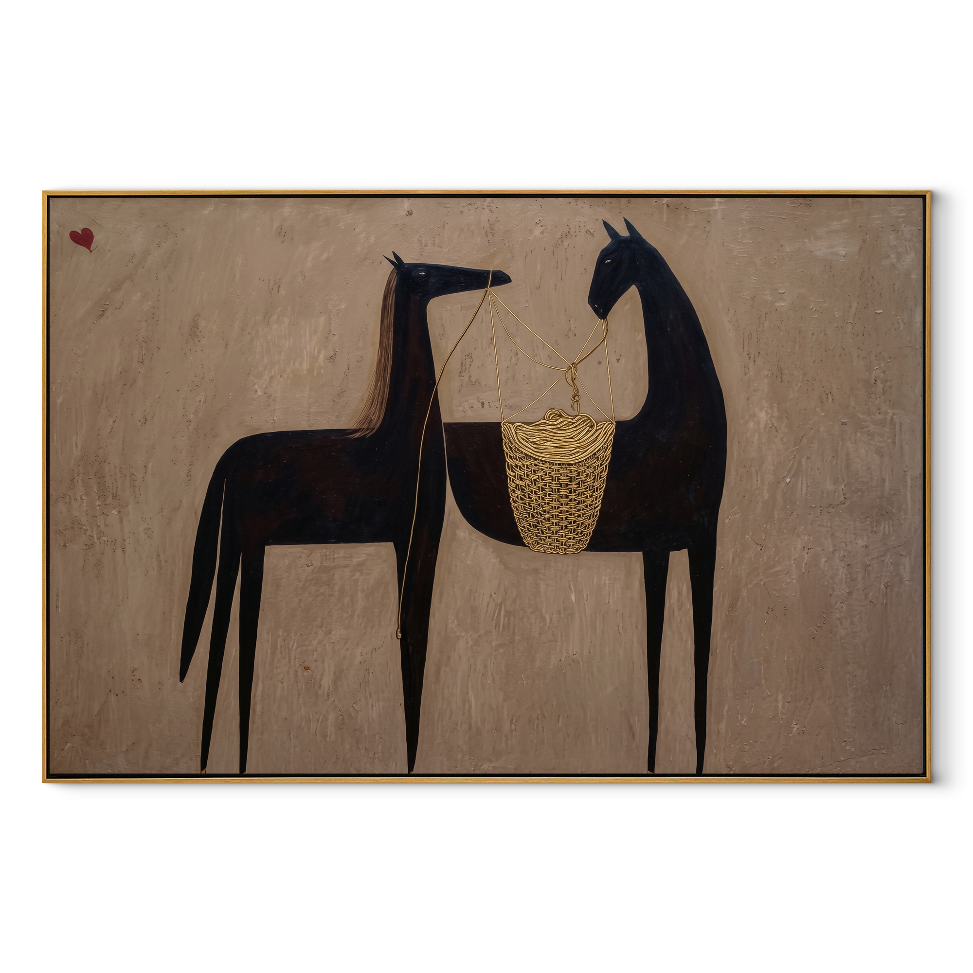 Midnight Rider Cross the Quiet Field - two horse painting by Isabelle Laurent, modern Western horizontal wall art – wood frame on white background