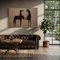 Midnight Rider Cross the Quiet Field - two horse painting by Isabelle Laurent, modern Western horizontal wall art – styled room scene view 2