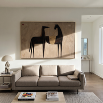 Midnight Rider Cross the Quiet Field - two horse painting by Isabelle Laurent, modern Western horizontal wall art – styled room scene view 3
