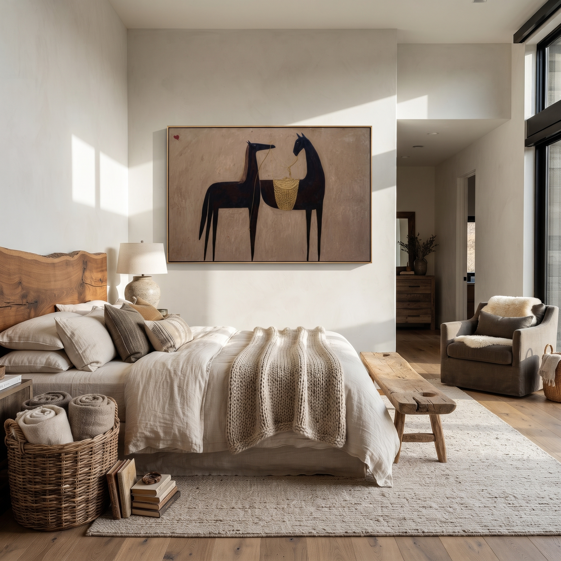 Midnight Rider Cross the Quiet Field - two horse painting by Isabelle Laurent, modern Western horizontal wall art – styled room scene view 4