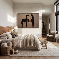 Midnight Rider Cross the Quiet Field - two horse painting by Isabelle Laurent, modern Western horizontal wall art – styled room scene view 4
