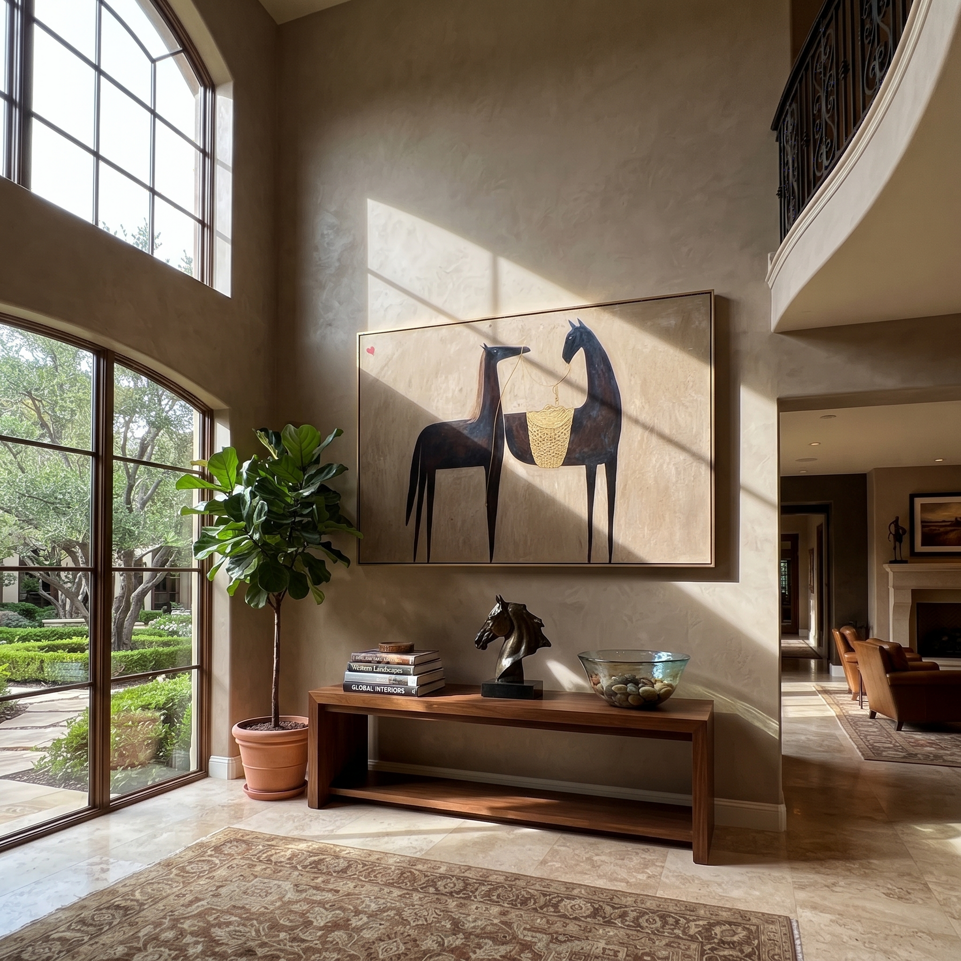 Midnight Rider Cross the Quiet Field - two horse painting by Isabelle Laurent, modern Western horizontal wall art – styled room scene view 5