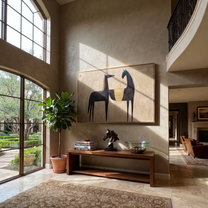 Midnight Rider Cross the Quiet Field - two horse painting by Isabelle Laurent, modern Western horizontal wall art – styled room scene view 5