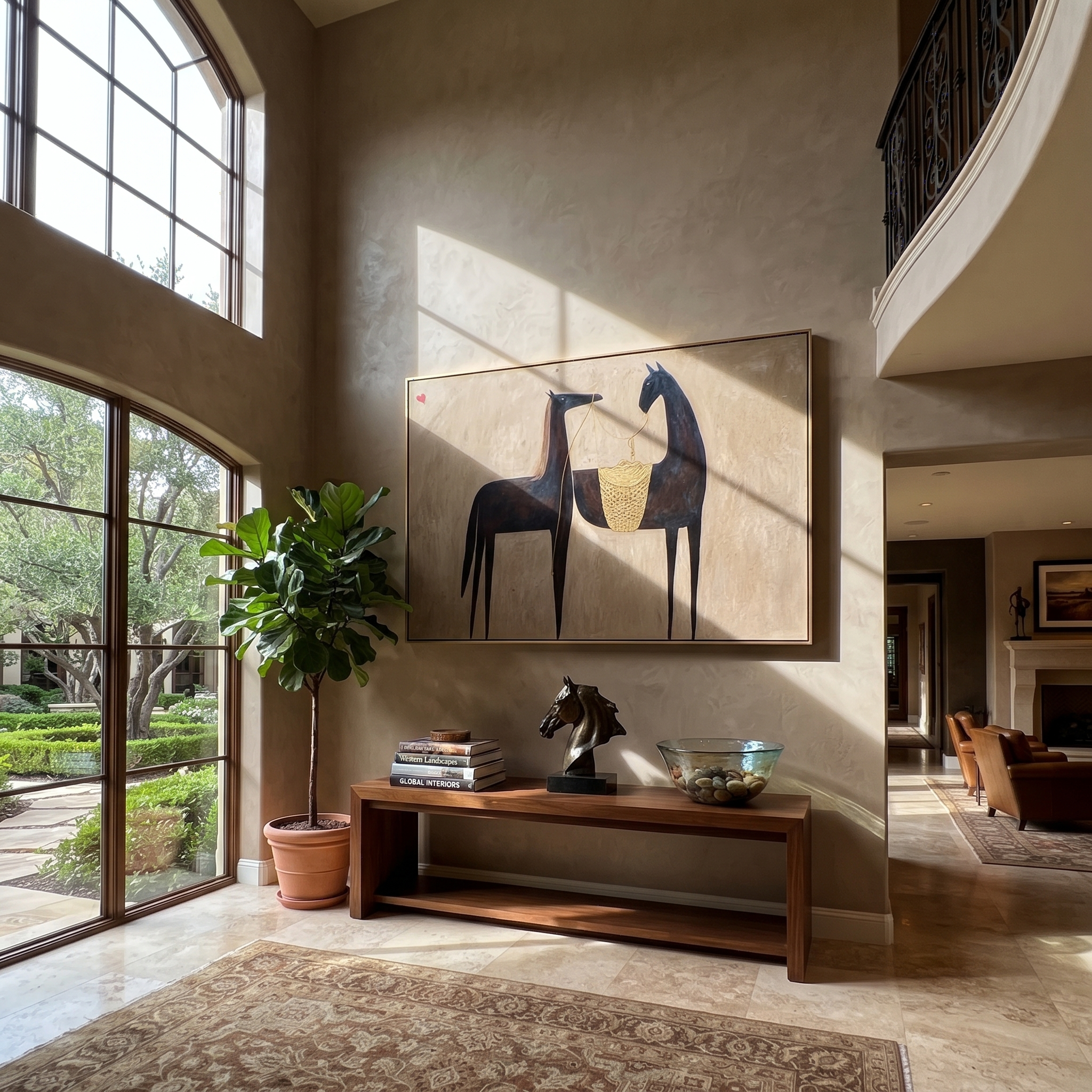 Midnight Rider Cross the Quiet Field - two horse painting by Isabelle Laurent, modern Western horizontal wall art – styled room scene view 5