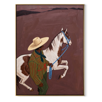 Quiet Reins Cross the Quiet Field - figure and horse painting by Isabelle Laurent, modern Western vertical wall art – wood frame on white background