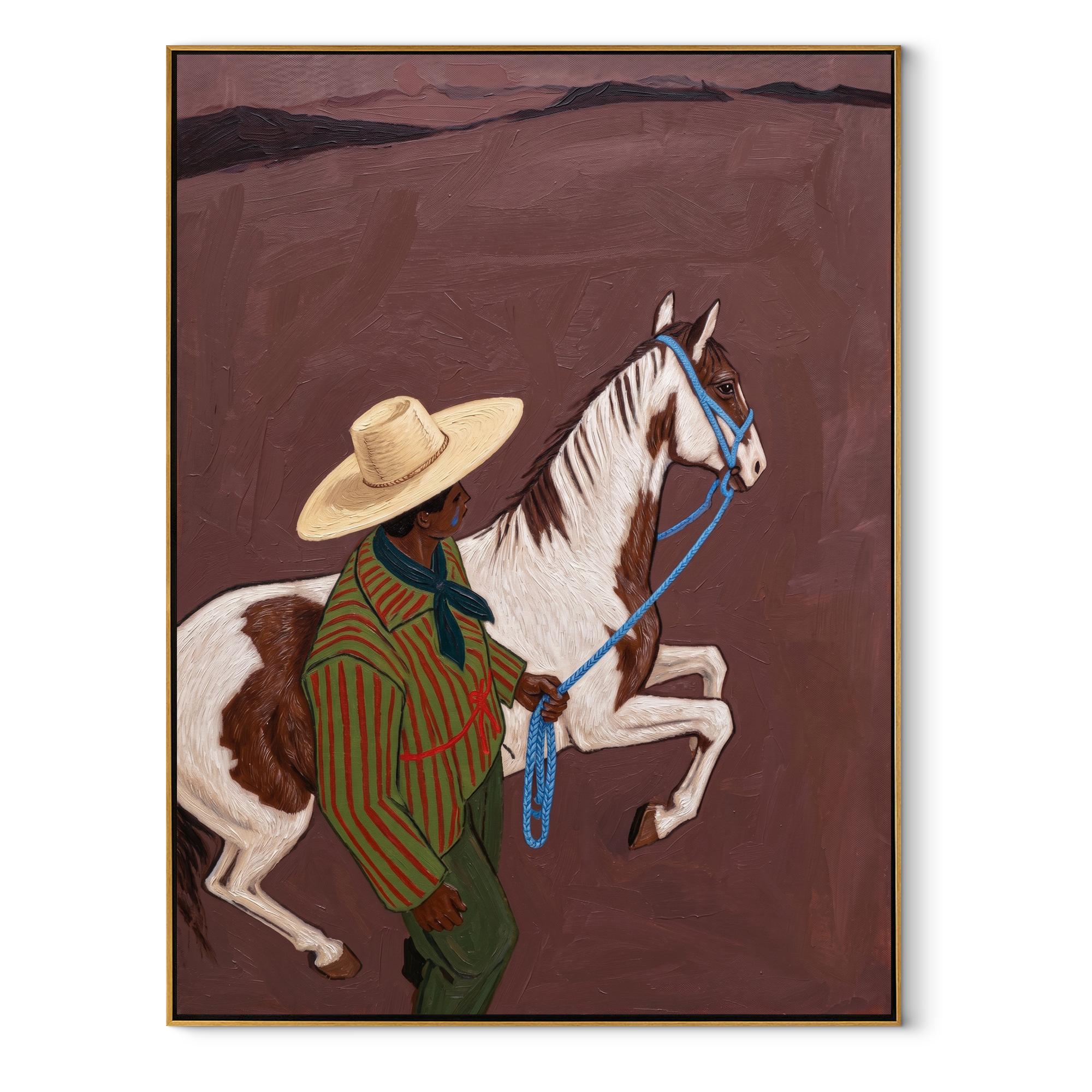 Quiet Reins Cross the Quiet Field - figure and horse painting by Isabelle Laurent, modern Western vertical wall art – wood frame on white background