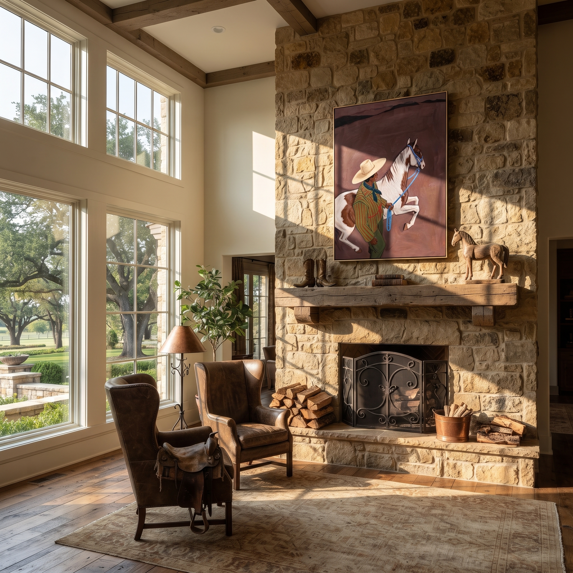 Quiet Reins Cross the Quiet Field - figure and horse painting by Isabelle Laurent, modern Western vertical wall art – styled room scene view 2