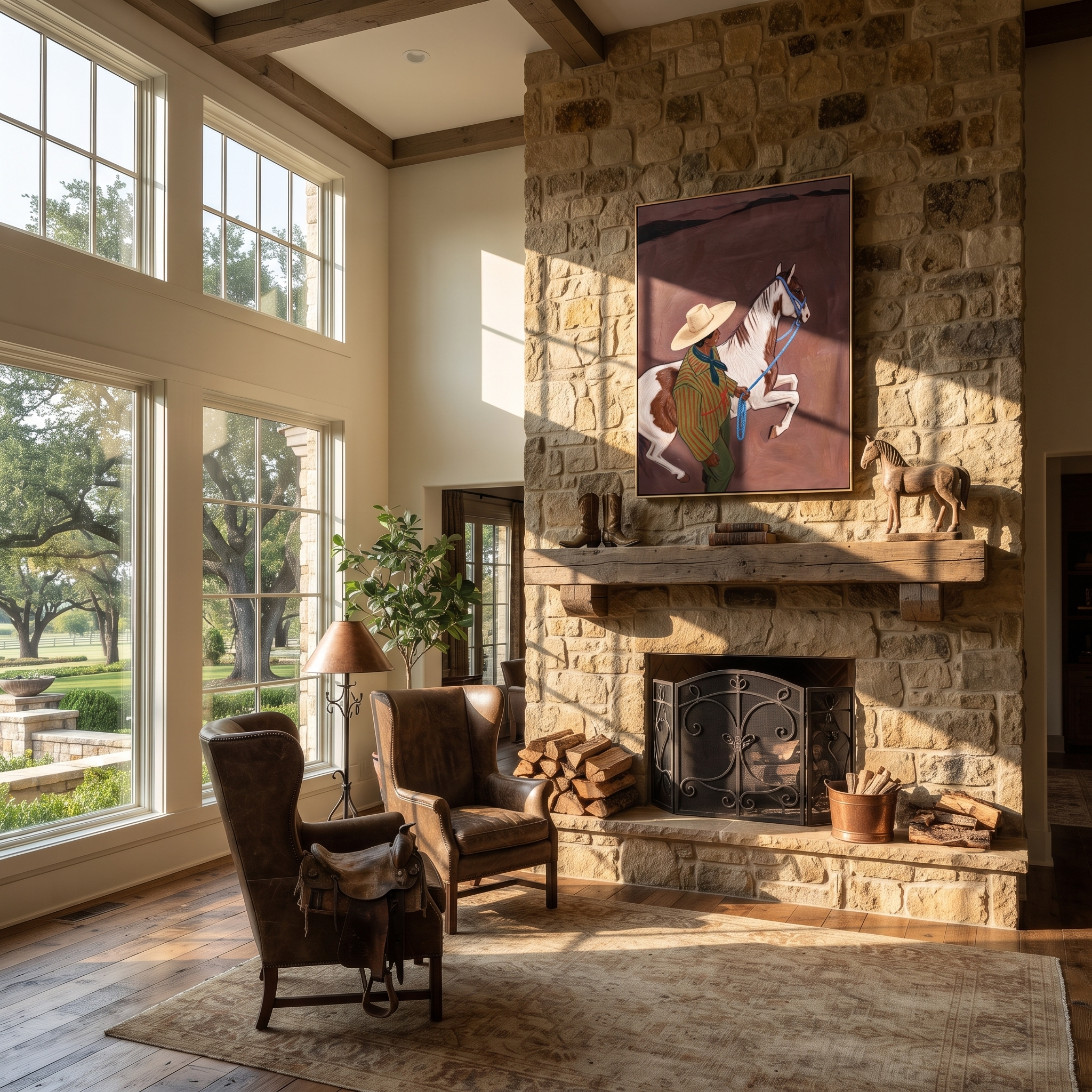 Quiet Reins Cross the Quiet Field - figure and horse painting by Isabelle Laurent, modern Western vertical wall art – styled room scene view 2
