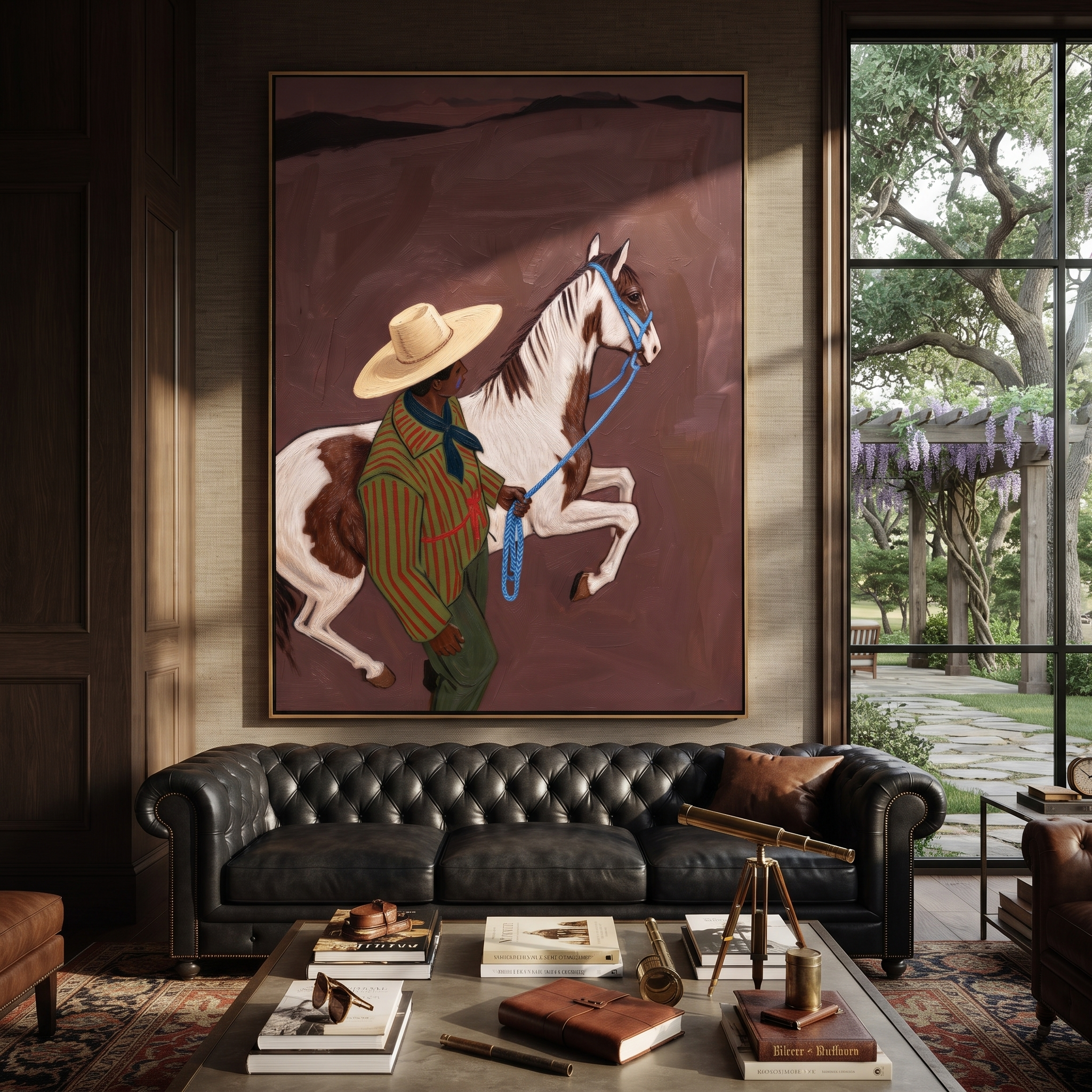 Quiet Reins Cross the Quiet Field - figure and horse painting by Isabelle Laurent, modern Western vertical wall art – styled room scene view 3
