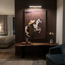 Quiet Reins Cross the Quiet Field - figure and horse painting by Isabelle Laurent, modern Western vertical wall art – styled room scene view 4