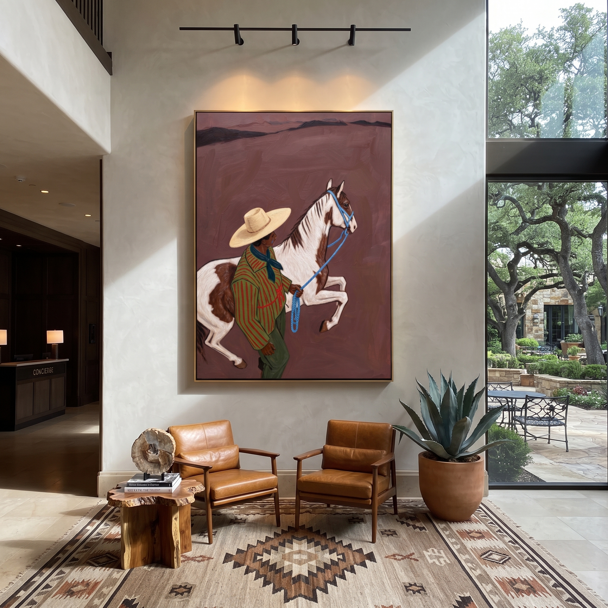 Quiet Reins Cross the Quiet Field - figure and horse painting by Isabelle Laurent, modern Western vertical wall art – styled room scene view 5