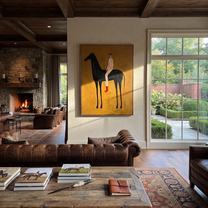 Painted Saddle Cross the Quiet Field - horse and rider painting by Isabelle Laurent, modern Western vertical wall art – styled room scene view 1