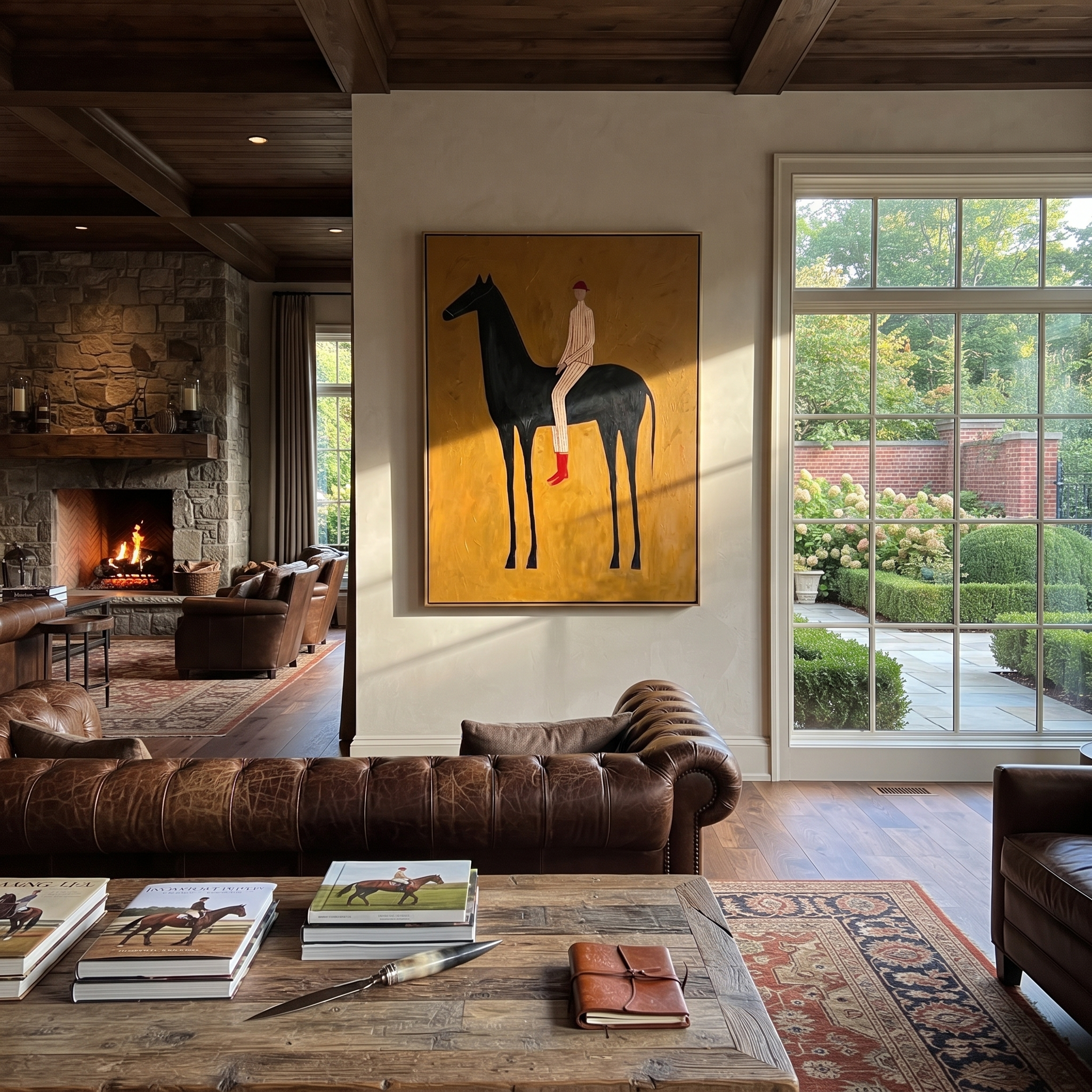 Painted Saddle Cross the Quiet Field - horse and rider painting by Isabelle Laurent, modern Western vertical wall art – styled room scene view 1