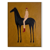 Painted Saddle Cross the Quiet Field - horse and rider painting by Isabelle Laurent, modern Western vertical wall art – wood frame on white background