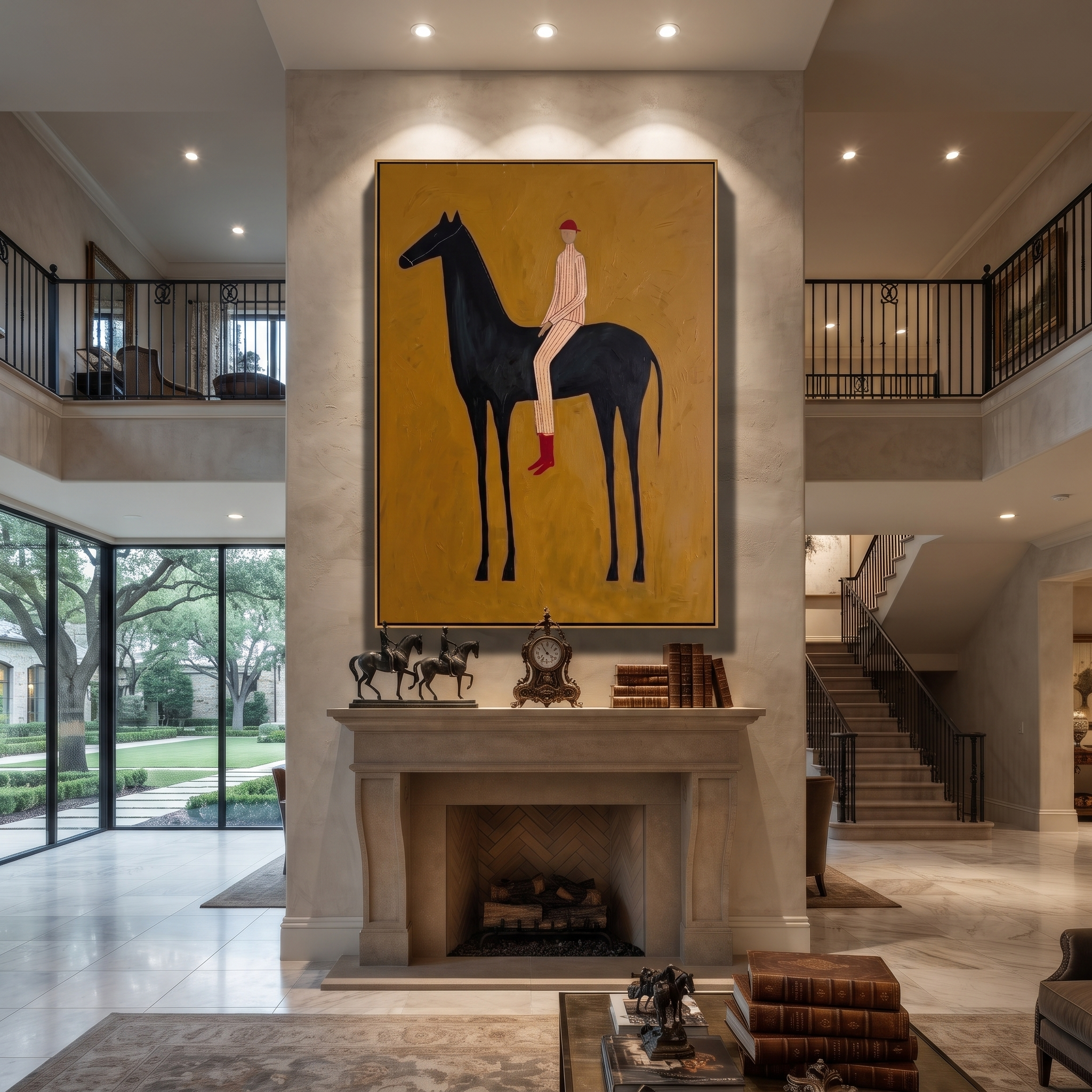 Painted Saddle Cross the Quiet Field - horse and rider painting by Isabelle Laurent, modern Western vertical wall art – styled room scene view 3